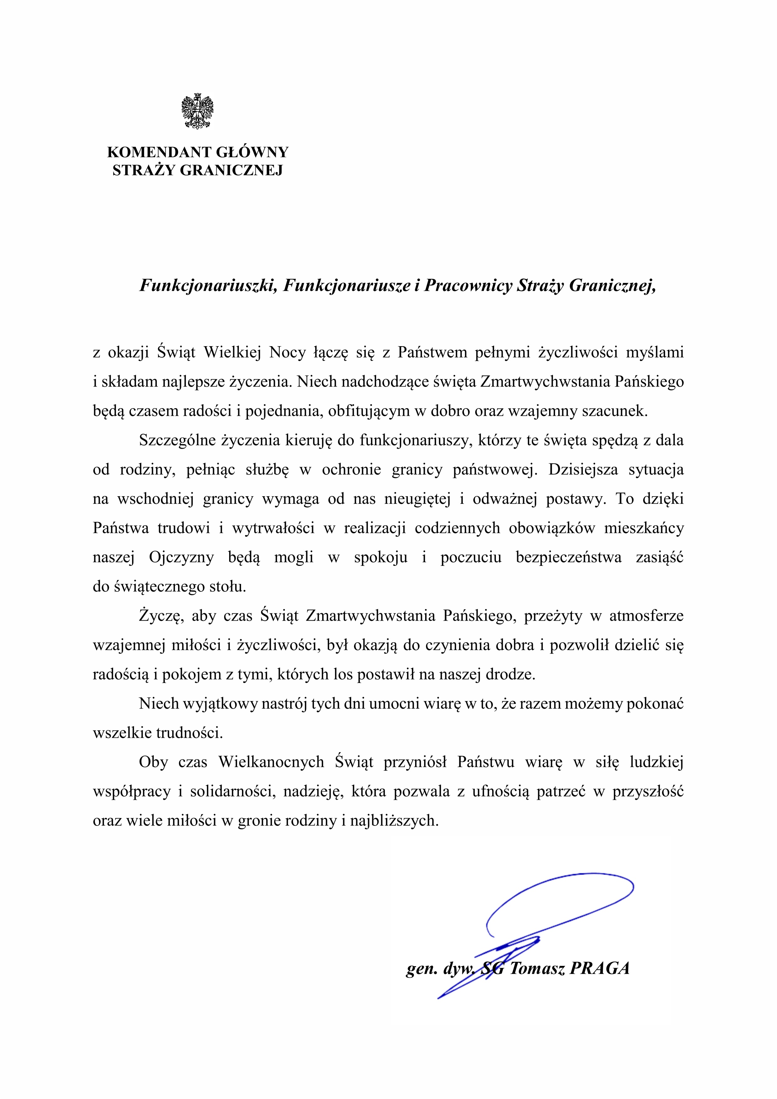 Życzenia z okazji Świąt Wielkanocnych od Komendanta Głównego Straży Granicznej