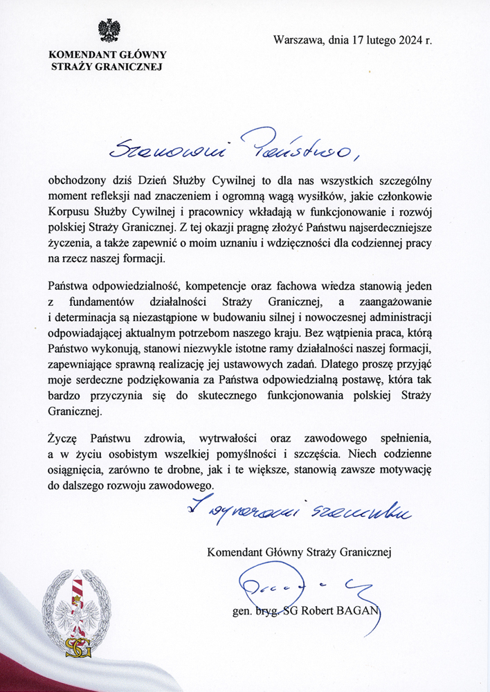 Życzenia Komendanta Głównego Straży Granicznej z okazji Dnia Służby Cywilnej