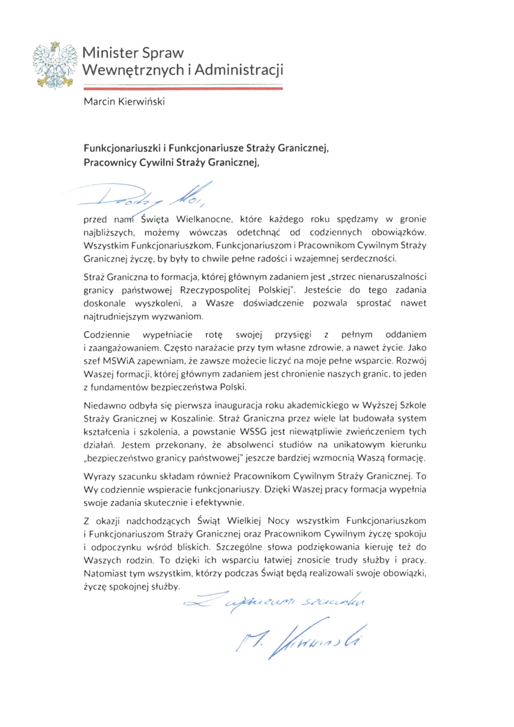 Życzenia Ministra Spraw Wewnętrznych i Administracji z okazji Świąt Wielkanocnych