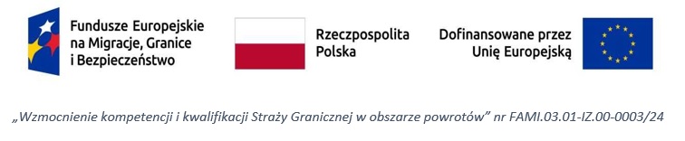 Logo Fundusze Europejskie na Migracje, Granice i Bezpieczeństwo; flaga rzeczpospolitej Polskiej oraz Unii Europejskiej