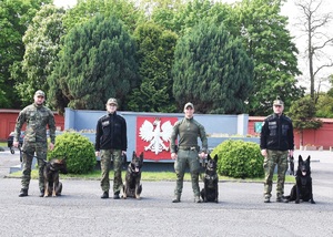 Kolejna edycja kursu doskonaląco-atestacyjnego przewodników psów specjalnych do wyszukiwania materiałów wybuchowych i broni Czterech funkcjonariuszy SG z psami służbowymi. W tle trybuna Ośrodka